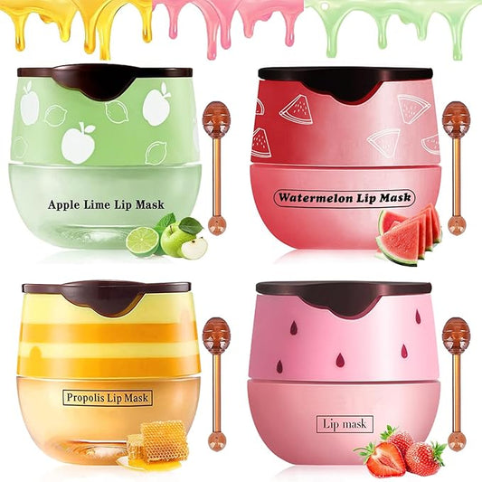 4 PCS Bee Lip Balm Lip Mask Honey Pot, Honey & Strawberry & Watermelon & Apple Lime Lip Mask Overnight Propolis Moisturizing Lip Balm with Stick, Hydrating Lip Sleeping Mask Prevention Dry & Cracked-VivaGrace Women