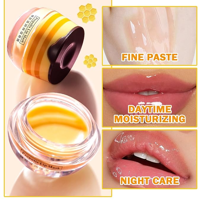 Lip Balm Honey Pot,Moisturizing Lip Balm Reduces Lip Lines,Propolis Honey Pot Lip Balm Hydrating Prevention Dry and Cracked Lip Scrubs Exfoliator,Exfoliating Lip Sleeping Mask with Brush-VivaGrace Women