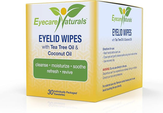 Tea Tree Oil Eyelid Wipes with Coconut Oil - Dry Eye Wipes No Rinse, Natural Essential Oil Cleansing Eye Wipes - Daily Eyelid Makeup Remover - Box of 30 Individually Wrapped Wipes