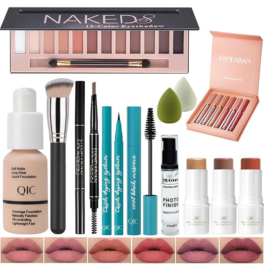 All In One Makeup Kit Full Kit, 3 Pcs Cream Contour Sticks,12 Colors Eyeshadow Palette,Full Coverage Foundation, 6 Colors Lipstick Set, Waterproof Eyeliner and Mascara(102# Nude)-VivaGrace Women