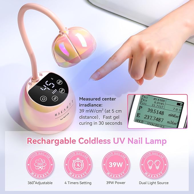 Makartt UV LED Nail Lamp - Gooseneck UV Light for Nails Cordless Rechargeable USB 39W Dryer LED Lamp with Auto Sensor 4 Timer Settings Fast Curing for Nail Art Polish (Glazed Pink)-VivaGrace Women