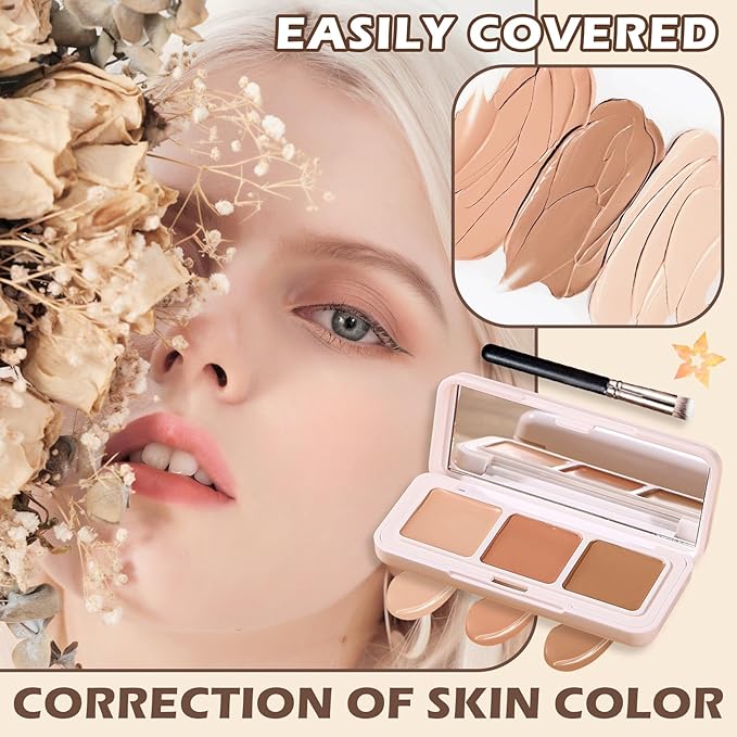 3 Colors Correcting Concealer Palette,Full Coverage Cream Contour Palette,Professional Contouring Foundation Long Wear Highlighting Concealer Contour Cream Makeup Palette with Brush-VivaGrace Women
