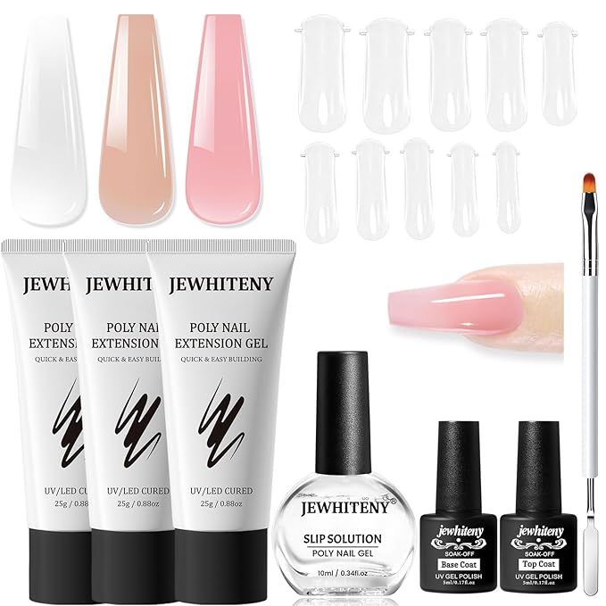 JEWHITENY Poly Extension Gel Nail Set Clear Pink Poly Nail Gel With Slip Solution Base Coat Top Coat French Manicure Need U V Lamp Curing for Finger Art and Home DIY-VivaGrace Women