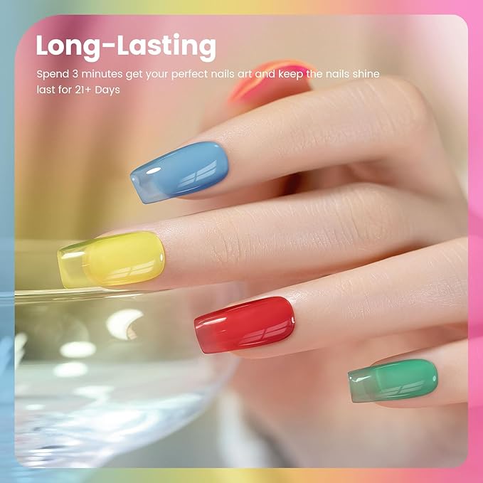 RARJSM Colorful Stained Glass Gel Nail Polish Set 6pcs Clear Crytal Blue Green Yellow Orange Red Neon Pink Series Transparent Sheer Amber Milky Gel Varnish LED UV Curing Requires French Manicure-VivaGrace Women