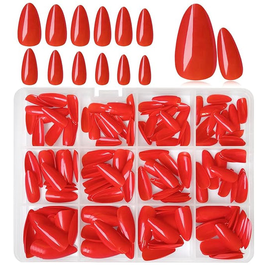 LoveOurHome 240pc Almond Press on Nails Medium Fake Nail Red Glue on Nails Tips Full Cover Acrylic Nails Press ons Nail Almond False Nail Artificial Fingernail with Adhesive Tabs for Women Girls