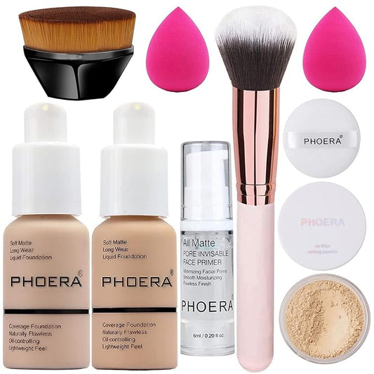 Foundation Makeup Sets Full Kit for Women Pack 8 Included Phoera Foundation,Flat Top Kabuki Brush Kit,Primer,Powder Foundation,Makeup Sponges (103 Warm Peach + 104 Buff Beige)-VivaGrace Women