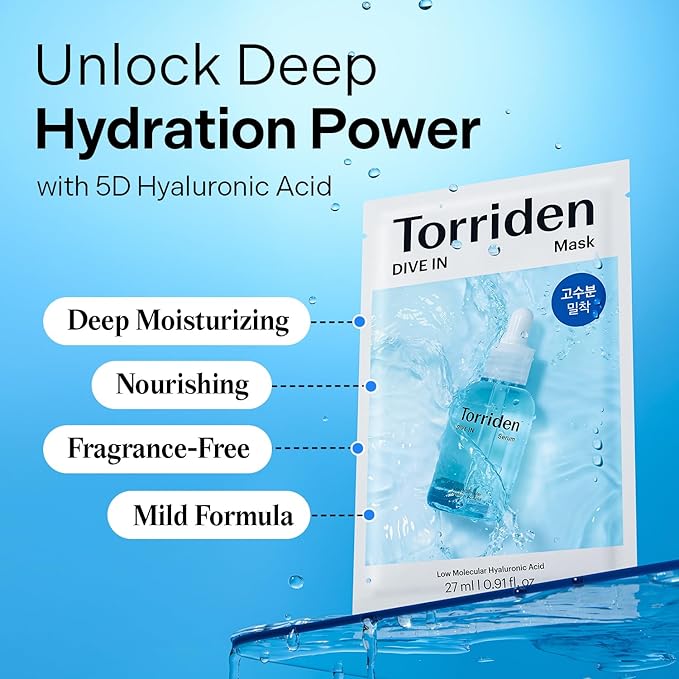Torriden DIVE IN Hyaluronic Acid Facial Mask (10 sheets) | Extra Moisturizing Care | Hyaluronic Acid, Panthenol, Allantoin | Korean Face Mask-VivaGrace Women
