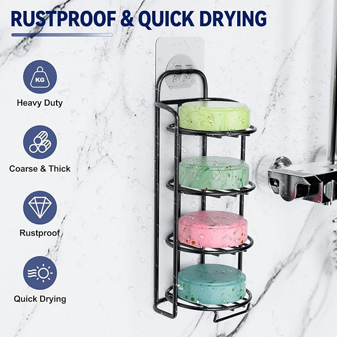 4-Tier Shower Soap Shampoo Bar Holder, Self Adhesive & Freestanding Draining Soap Dish Caddy for Bathroom Wall Accesories Decor Black-VivaGrace Women