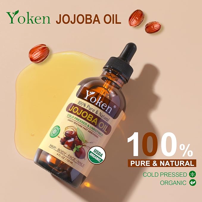 Yoken Jojoba Oil 4 fl oz EWG Verified 100% Pure Jojoba Oil Cold Pressed for Skin, Hair, Nails, Cuticles - Unrefined & Hexane Free, Natural Moisturizer Carrier oils Facial Serum for Gua Sha-VivaGrace Women