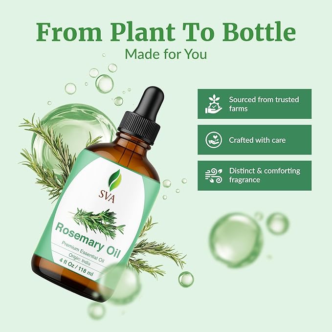 SVA Rosemary Essential Oil – 4 Fl Oz – 100% Natural Rosemary Oil for Hair, Face, Skin Care, Diffuser, Aromatherapy, Scalp, Body Massage, Soap and Candle Making – with Dropper-VivaGrace Women