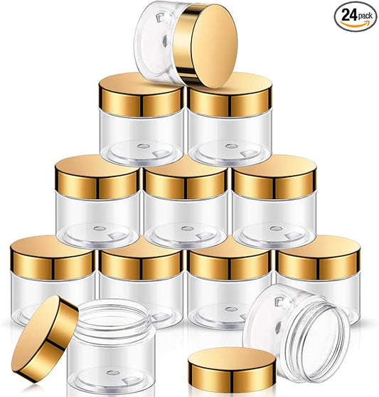 SATINIOR 24 Pieces Empty Clear Plastic Jars with Lids Round Storage Containers Wide Mouth for Beauty Product Cosmetic Cream Lotion Liquid Butter Craft and Food(Gold Lid,6 oz)-VivaGrace Women