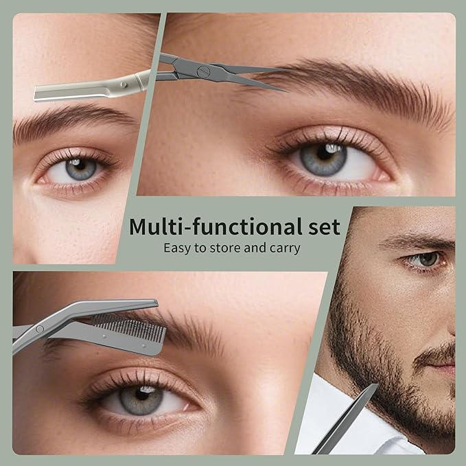 Eyebrow Trimmer Kit Scissors Tweezers Razor Facial Shaver Grooming Set with Mirror Travel Cases-VivaGrace Women