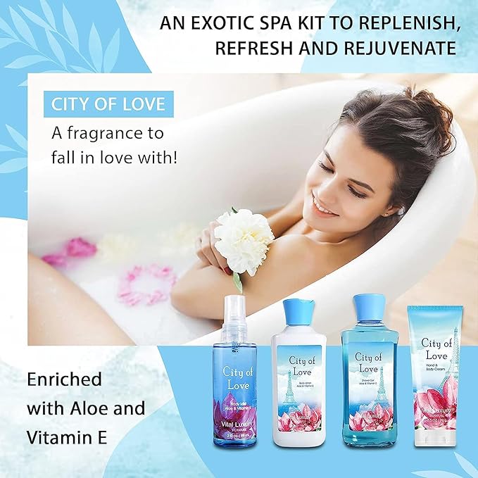 Bath & Body Kit - Body Lotion, Shower Gel, Body Cream, and Fragrance Mist, 3 Fl Oz each, in City of Love, Ideal Skincare Gift Home Spa Set for luxurious indulgence-VivaGrace Women