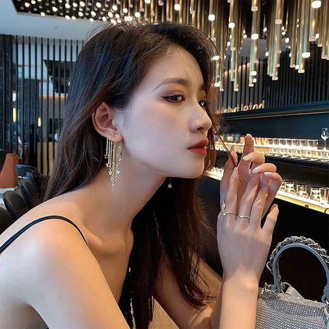 Boho Star Chain Tassel Earrings Gold Star Dangle Earrings Long Chain Drop Earrings Tiny Star Fringe Chain Earrings Jewelry for Women and Girls-VivaGrace Women