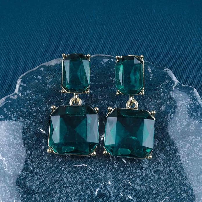 Vintage Emerald Square Earrings Green Emerald Drop Earrings Geometric Emerald Earrings Luxury Wedding Green Crystal Stud Earrings Jewelry for Women-VivaGrace Women