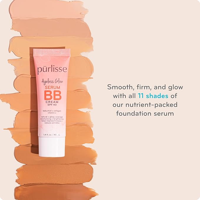 pūrlisse Ageless Glow Serum BB Cream SPF 40 - Glow BB Cream with SPF Enriched with Bakuchiol & Vitamin C to Help Improve Firmness & Reduce Wrinkles for Dewy Skin - Tan (1.4 oz)-VivaGrace Women