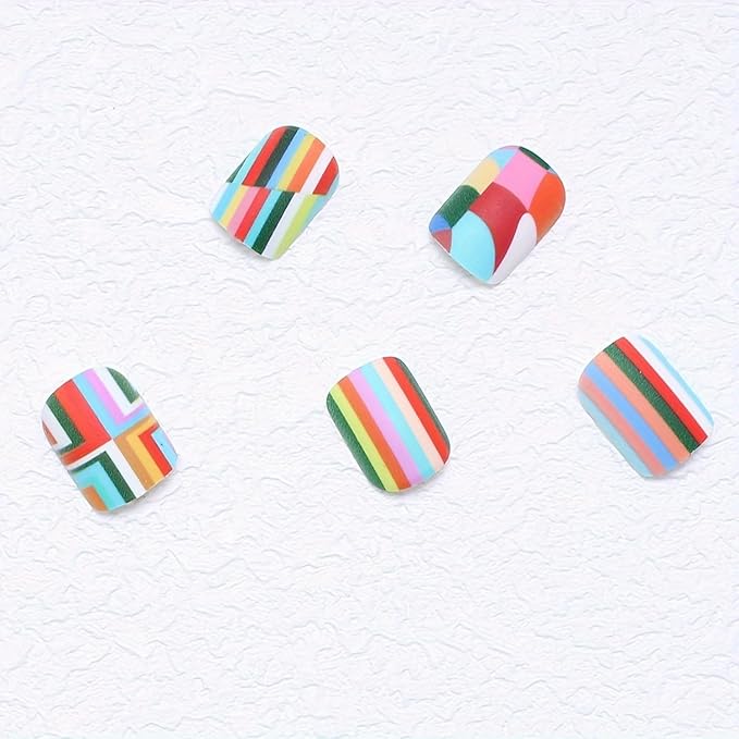 24 Pcs Press on Nails Short Rainbow Fake Nails Square False Nails Design Colorful Stripes and lozenge Designs Glossy Artificial Nail Art Reusable Stick on Nails Kit for Women - 24 Pcs in 12 Sizes
