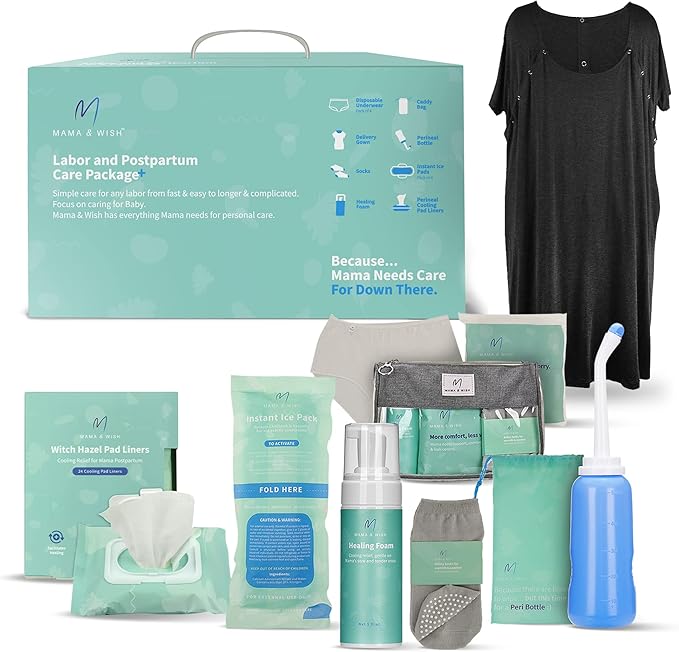 Postpartum Care Kit for Mom (14-Piece) - Includes Labor and Delivery Gown, Peri Bottle, Witch Hazel Foam, Pad Liners & More! with Hospital Essentials for Women After Birth-VivaGrace Women