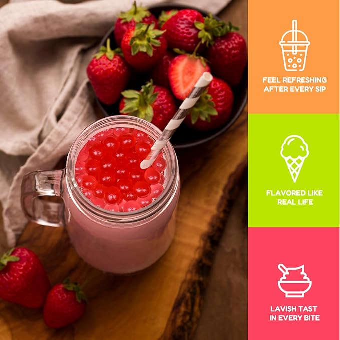 Fanale Strawberry Popping Boba Pearls, Vegan, Non GMO, Gluten Free, Fat Free, Perfect for Bubble Tea, Smoothies, Ice Cream, Desserts, and Beverages.