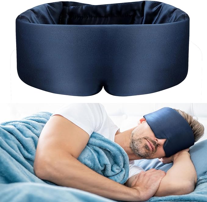Nature Silk Sleeping Mask Soft Featherweight Eye Mask Large Wrap-Around Blindfold with Adjustable Velcro Blackout for Wild Sleeper Nose Cut (NavyBlue)-VivaGrace Women