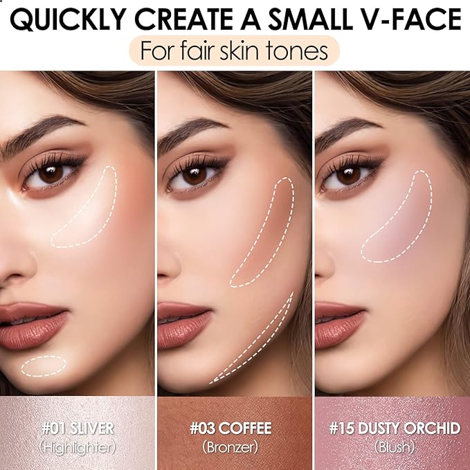 FOCALLURE 3 Pcs Cream Contour Sticks,Shades with Highlighter & Bronzer & Blush,Non-greasy Long-wear Face Contouring Pen,Easy to Sculpt the Face and Create a Lightweight Finishing Makeup,UNIVERSAl-VivaGrace Women