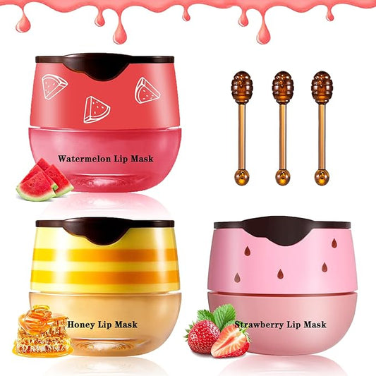 3PCS Bee Lip Balm Honey Pot Honey Strawberry Watermelon Lip Balm Sleeping Lip Mask Silky Hydrating Bee Lip Balm Honey Lip Mask Overnight Lip Care Products(Honey+Strawberry+Watermelon)-VivaGrace Women