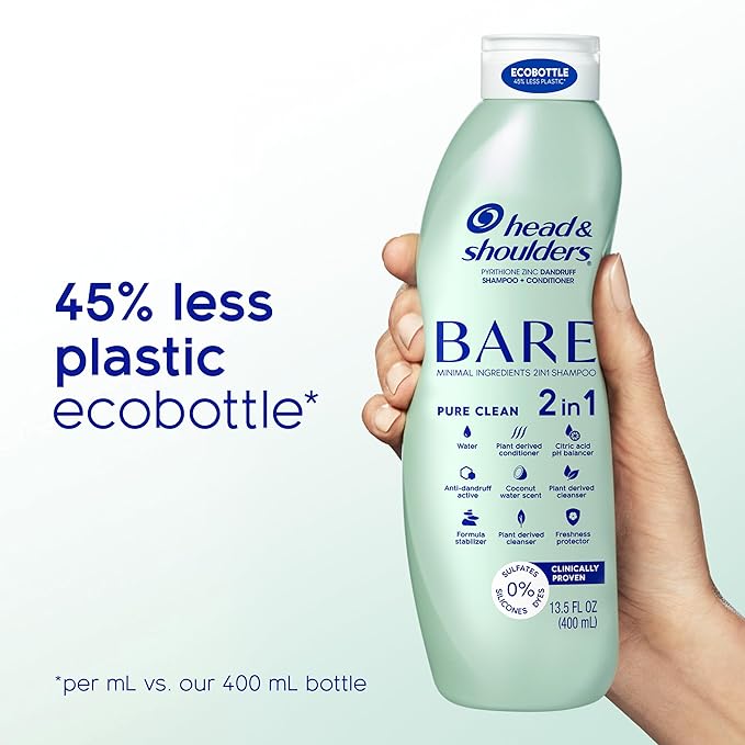 Head & Shoulders BARE 2-in-1 Dandruff Shampoo And Conditioner Twin Pack, Pure Clean, Sulfate-Free, Silicone-Free, Dye-Free, Eco-Friendly Bottles, Safe for All Hair Types, 13.5 Fl Oz Each (Set of 2)-VivaGrace Women