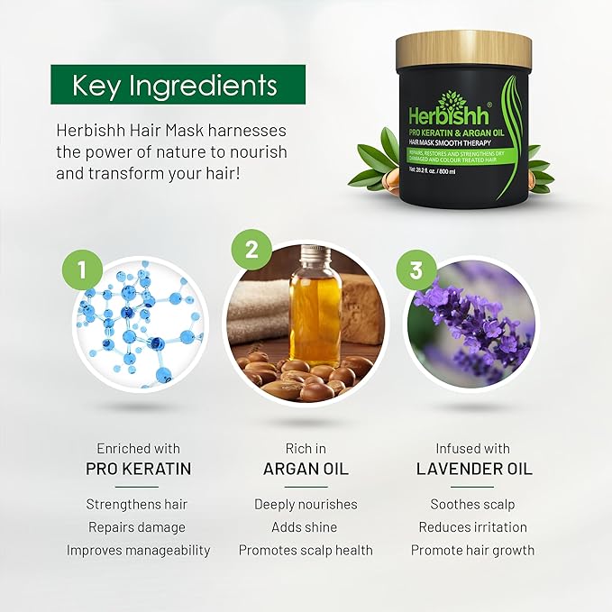 Herbishh Argan Hair Mask-Deep Conditioning & Hydration For Healthier Looking Hair- for very Dry, Weak, Stressed Out Hair, No Sulphates, No Parabens (800ML)-VivaGrace Women