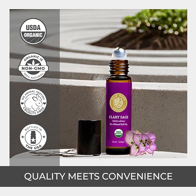 Silk Road Organic Clary Sage Essential Oil Roll On, 100% Pure USDA Certified Aromatherapy for PMS, Stress & Mental Clarity - 10 ml Roller - Always Pure, Always Organic-VivaGrace Women