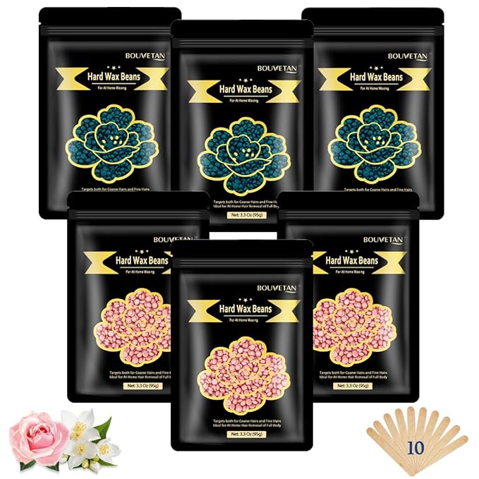 Wax Beads for Hair Removal, Bouvetan 1.3Lb/21oz Hard Waxing Beads for Brazilian Waxing, Waxing Beads for Eyebrow, Face, Bikini, Legs, Arms for Women Men Hair Removal with 10pcs Spatulas, 6 Packs-VivaGrace Women