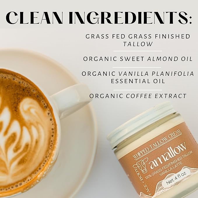Amallow 100% Grass Fed Beef Tallow for Skin Care - Face + Body - Whipped Moisturizer - Natural Lotion, 4 FL. oz. (Vanilla Latte)-VivaGrace Women