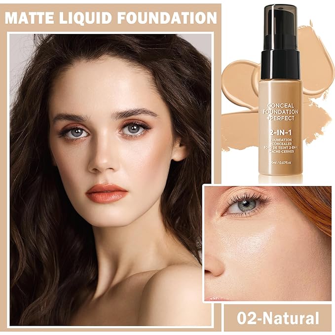 Concealer Full Coverage Foundation for Mature Skin,Oil Control Matte 2 in 1 Concealer liquid Foundation Makeup Waterproof Base De Maquillaje Alta Cobertura-02 Natural-VivaGrace Women