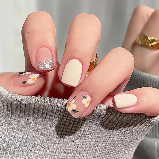 Flower Press on Nails Short Square Fake Nails Milk White Stick on Nails Full Cover Small Flowers False Nail Tips Acrylic Spring Glue on Nails Cute Floral Nail Art Decorations for Women 24Pcs