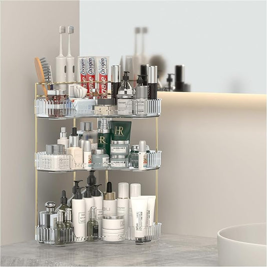 Makeup Organizer Countertop 3 Tier, Corner Bathroom Countertop Organizer with Toothbrush and Makeup Brush Holder, Corner Vanity Tray for Skincare Organization-VivaGrace Women