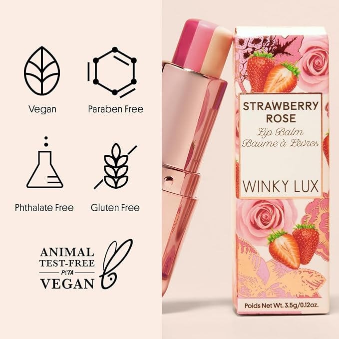 Winky Lux Strawberry Rose Tri-Color Tinted Lip Balm – Hydrating Lip Balm, Sheer Pink Tint, Lip Care with Jojoba Oil & Vitamin E, Moisturizes & Softens Dry Lips, Buttery Soft with Strawberry Rose Scent-VivaGrace Women