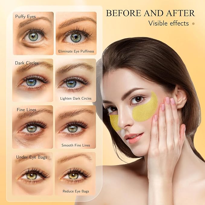 Under Eye Patches, Gold Eye Masks for Dark Circles and Puffiness Anti-Wrinkle Moisturizing Anti-Aging Under Eye Bags Skin Care Treatment Pads Revitalizes & Tightens Eye Area(60PCS)-VivaGrace Women