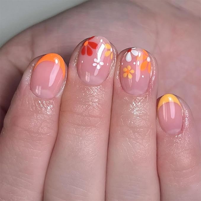 Flower Press on Nails Short Oval Fake Nails with Orange Yellow French Tip Design Glossy Nude Glue on Nails Spring False Nails Full Cover Reusable Summer Stick on Nails for Women Girls Manicure 24pcs