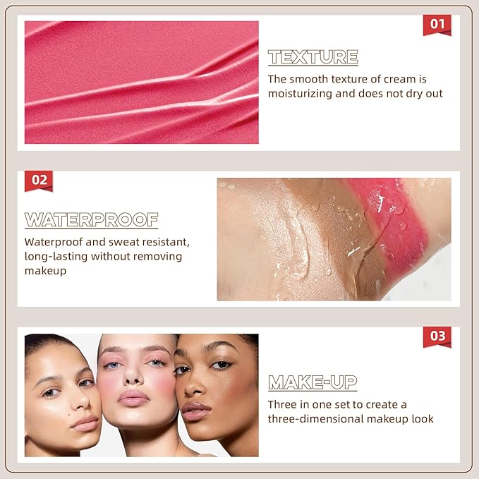 3Pcs Cream Contour Stick Makeup Set, Cream Bronzer Blush Highlighter Stick for Cheeks Eyes Lips, Long Lasting Waterproof Blendable Dewy Finish Face Stick Trio Wand for All Skin (1+3+6)-VivaGrace Women