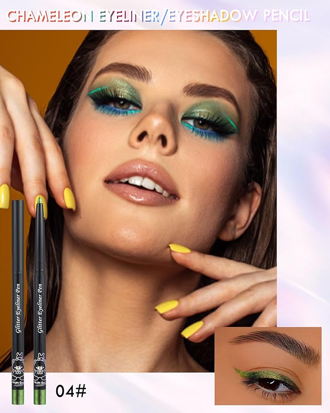Colored Glitter Eyeliner Pencil, Chameleon Matte Metallic Eyeliner Pen Eyeshadow, Green Shimmer Retractable Eyeliner Waterproof Smudge-proof, Highlighter Gel Eye Liner with Sharpener Gift for Women-04