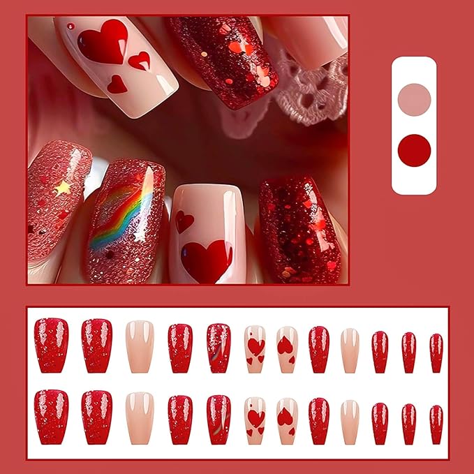 Medium Press on Nails Coffin Fake Nails Red Glitter False Nails with Heart Designs Rainbow Ombre Glue on Nails Sparkly Artificial Nails Cute Stick on Nails for Women 24Pcs