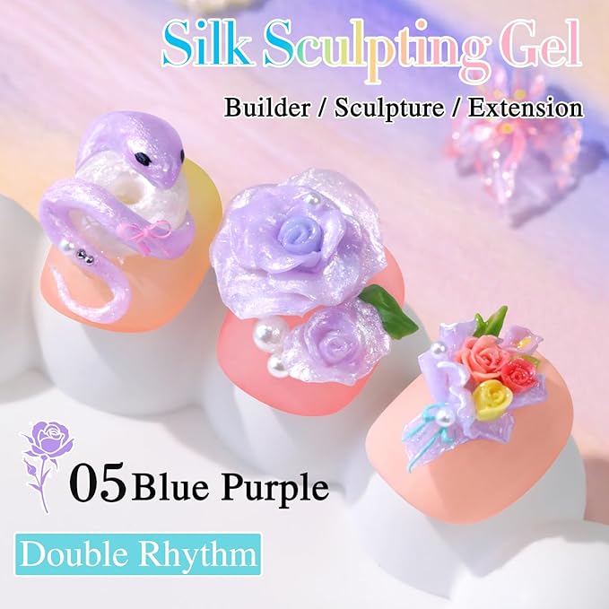 Double Rhythm 3D Nail Gel Pearl Solid Sculpting for Nail Art Non-Sticky Hard for Building Carving Molding Extension Soak Off UV/LED Nail Art Salon Home DIY 0.5 Oz (Purple-Silk 05)-VivaGrace Women