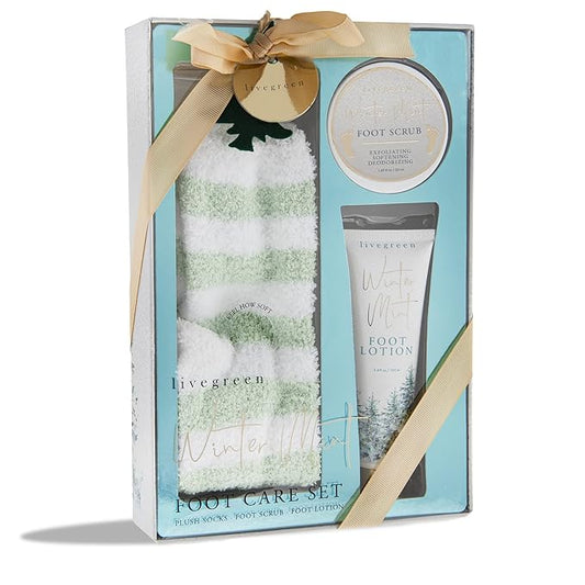 Live Green Bath and Body Set- Foot Spa Set with Fuzzy Socks, Lotion, and Scrub (Winter Mint)-VivaGrace Women