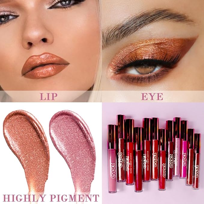 evpct 2Pcs Bronze Gold Nude Gold Matte to Glitter Liquid Lipstick Set for Women Long Lasting Glossy Metallic Shimmer Sparkle Lipstick Lip Gloss 5+14-VivaGrace Women