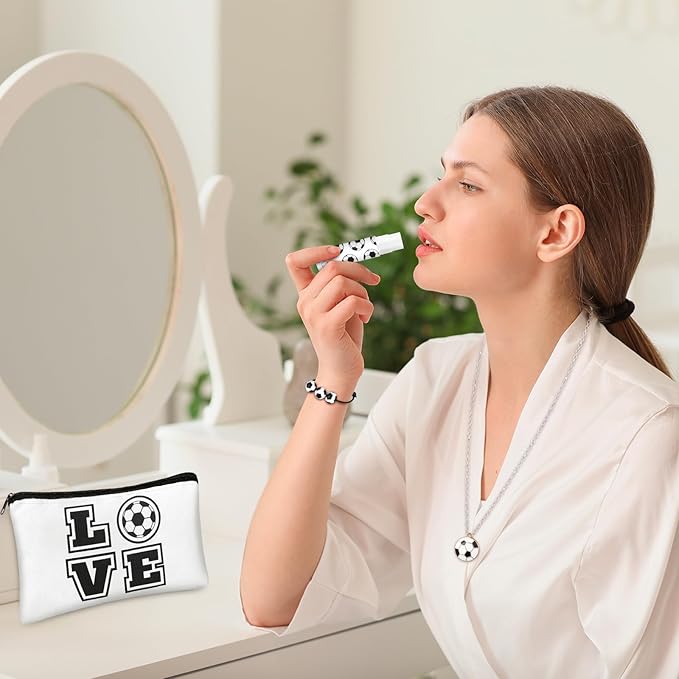 72 Pcs Sports Team Gifts Include 12 Makeup Bags 12 Lip Balm 12 Lip Balm Holder 12 Necklace 12 Adjustable Bracelet 12 Mirrors for Sports Lovers Players Party Favors (Black, Soccer)-VivaGrace Women