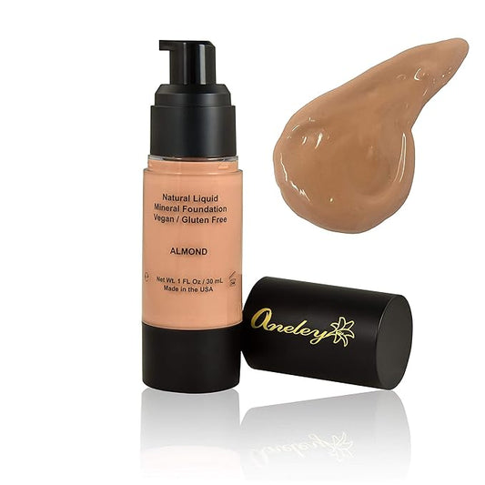 liquid mineral foundation organic natural vegan cruelty free chemical free full coverage aloe base highly pigmented lightweight formula acts as a moisturizer, sunblock and skin care (Almond)-VivaGrace Women