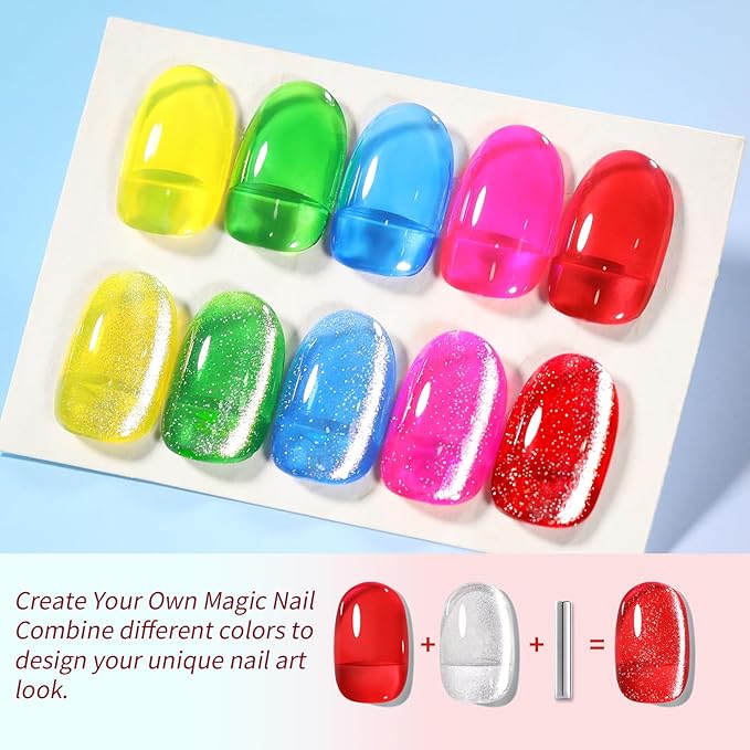 Born Pretty Neon Jelly Gel Nail Polish Glass Crystal Spring Summer Transparent Ice Jelly Gel Polish with Silver Holographic Glitter Cat Magnetic Eye Gel Polish Collection Minicure DIY Gifts 6PCS-VivaGrace Women