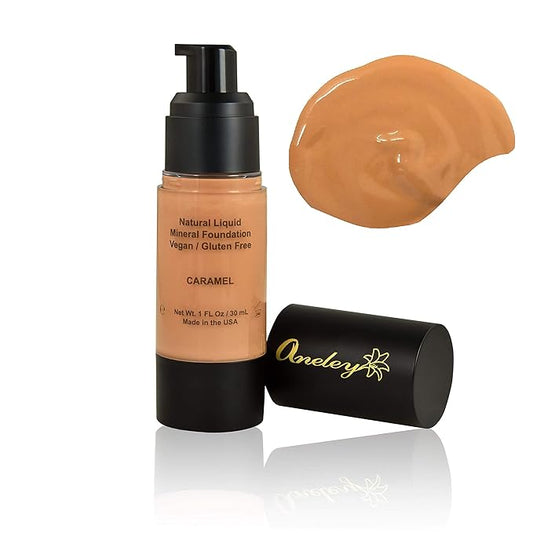 liquid mineral foundation organic natural vegan cruelty free chemical free full coverage aloe base highly pigmented lightweight formula acts as a moisturizer, sunblock and skin care (Caramel)-VivaGrace Women