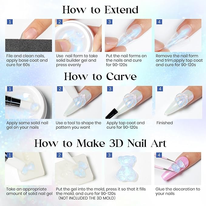 MIZHSE Non-Sticky Solid Builder Gel, Aurora Blue and Clear Sculpting Gel for Nails, Mermaid Pearl Building Carving Modeling Hard Extension 3D Nail Art Salon Home DIY-VivaGrace Women