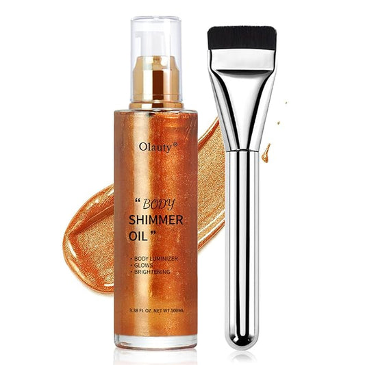 Shimmer Body Oil-Bronze Gold Face Brighten Pearl Highlighter Liquid Illuminator Body Glow Oil,4 Color Bronze Makeup Glitter Body Shimmer Oil with Makeup Brush-VivaGrace Women