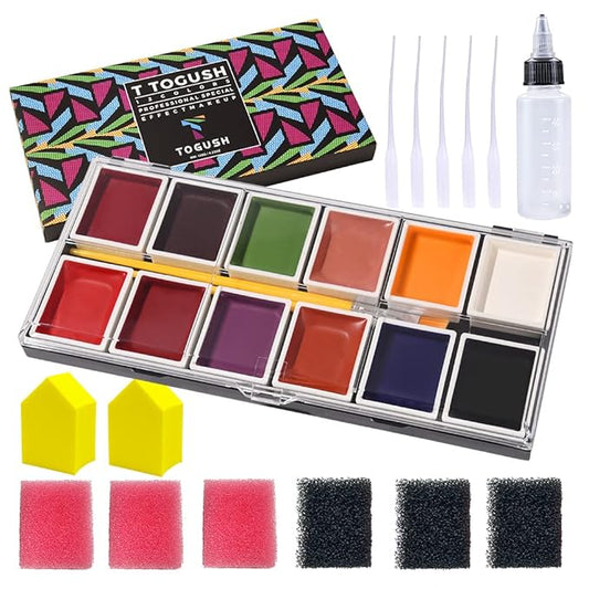 12 Colors Alcohol Activated Makeup Palette Set with Mimic Wound Sponge Makeup Egg for SFX Makeup Halloween Makeup-VivaGrace Women